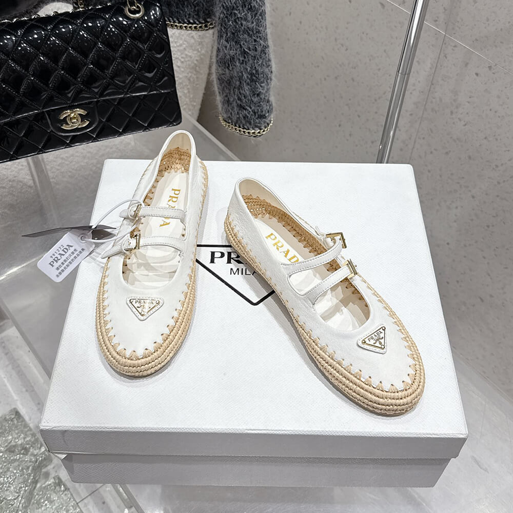 PRADA Nappa leather and raffia ballerinas