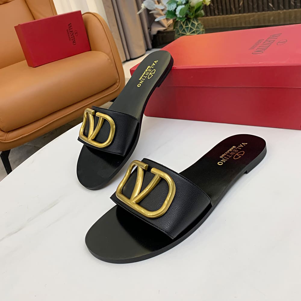 VALENTINO VLOGO SIGNATURE grained cowhide decorative elements slipper sandals (heel height 0.5 cm)